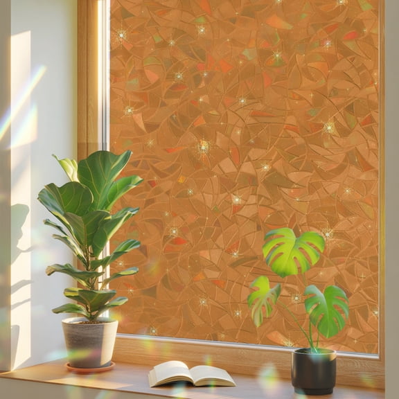 Fall Theme Window Privacy Film, Orange Stars Shining Sparkles Sky Thanksgiving Stained Glass Rainbow Film Decorative Window Clings, Static Cling Sun Blocking Stickers 19.6" x 39.3"