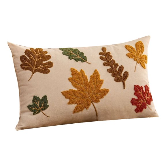 Fall Themed Embroidered Cushion Cover With Autumn Leaf Pumpkin Pattern Polyester Fabric Decorative Accent Pillow Case