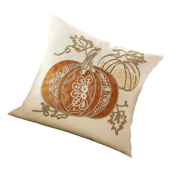 Fall Themed Embroidered Cushion Cover With Autumn Leaf Pumpkin Pattern Polyester Fabric Decorative Accent Pillow Case