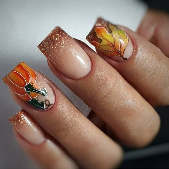 Fall Themed False Hoofs Short Square Sparkling Plane Needle Art ABS Nails for Thanksgiving Holiday Comfort