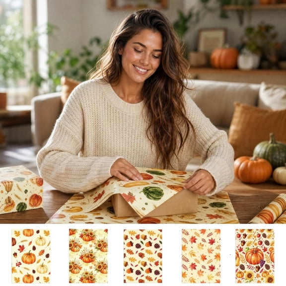 Fall Themed Gift Wrap, Thick Matte Paper with Pumpkin Maple Leaf Prints, for Thanksgiving Party Packaging and Basket Lining, Lazyguy