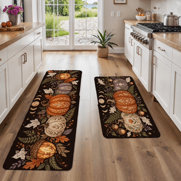 Fall Themed Kitchen Rug Set, Black Boho Retro Design with Pumpkins & Autumn Leaves, 16in*24in + 18in*48in, 2 Piece