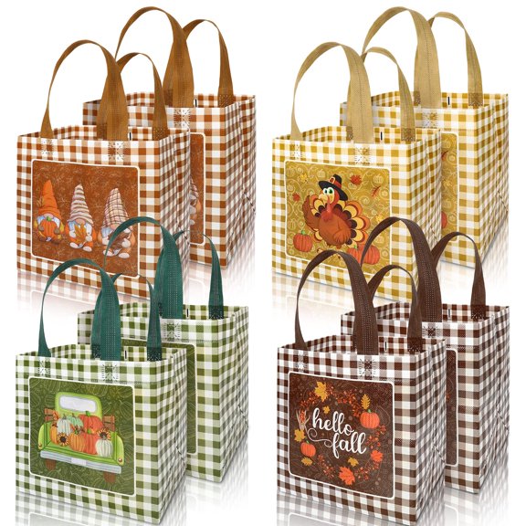 Fall Themed Non-Woven Tote Bags 8 Pack with Plaid Pumpkin Turkey Gnome Designs