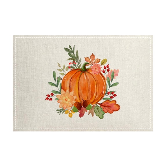 Fall Themed Placemats Set of 4, Thanksgiving Pumpkin & Maple Leaf Printed Linen-Like Place Mats, "Happy Fall" Rustic Autumn Harvest Dining Table Mats
