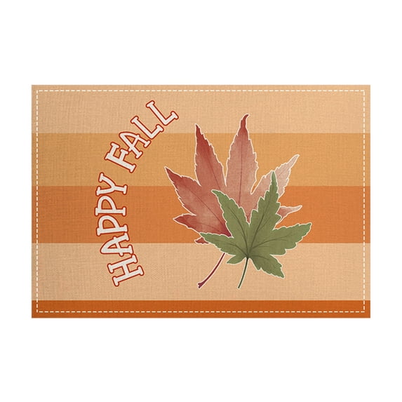 Fall Themed Placemats Set of 4, Thanksgiving Pumpkin & Maple Leaf Printed Linen-Like Place Mats, "Happy Fall" Rustic Autumn Harvest Dining Table Mats