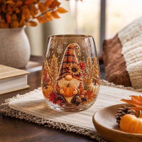 Fall Themed Stemless Wine Glass, Harvest Pumpkin Maple Leaf Printed Tumbler, Thanksgiving Decorative Drinkware Gift, Cozy Autumn Gnome