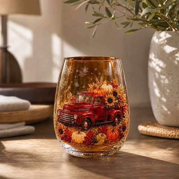 Fall Themed Stemless Wine Glass, Harvest Pumpkin Maple Leaf Printed Tumbler, Thanksgiving Decorative Drinkware Gift, Vintage Pumpkin Truck
