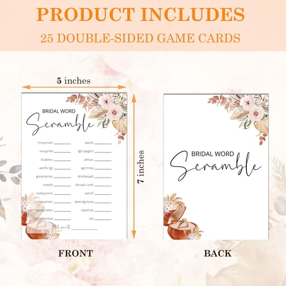 Fall Themed Word Scramble Bridal Shower Game Cards 25 Pack with Answer Sheet