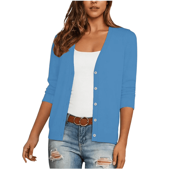 Fall Thin Cardigan for Women Solid Color Lightweight 3/4 Sleeve Open Front Cardigan Button Down Sweaters Shawl