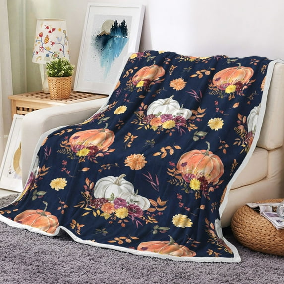 Fall Throw Blanke, Autumn Orange Pumpkins Leaves on Slate Blue Background Throw Blanket, Soft Cozy Throws and Blankets for Living Room Couch Bed Chair or Dorm, 60x80 inches