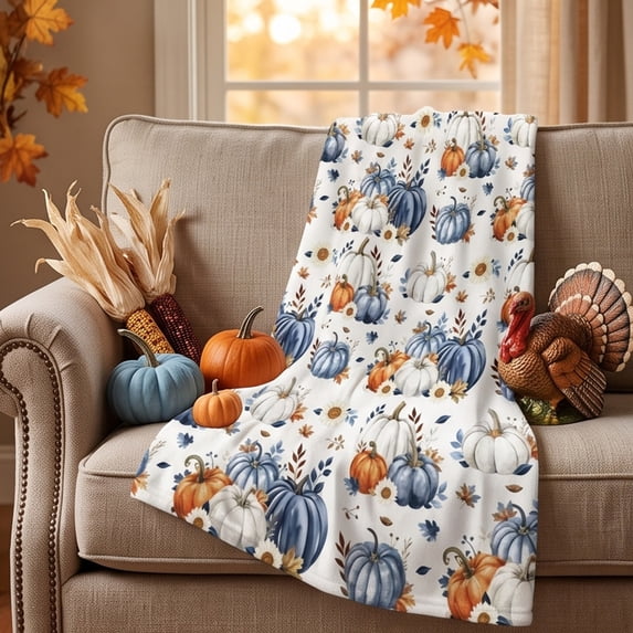 Fall Throw Blanket, 59 x 39.37 in Throw Blanket Gentle Fleece Fall Blanket Cozy Warm Cute Blue Pumpkin Blanket, Ultra-Soft Blankets and Throws for Couch Sofa Bed