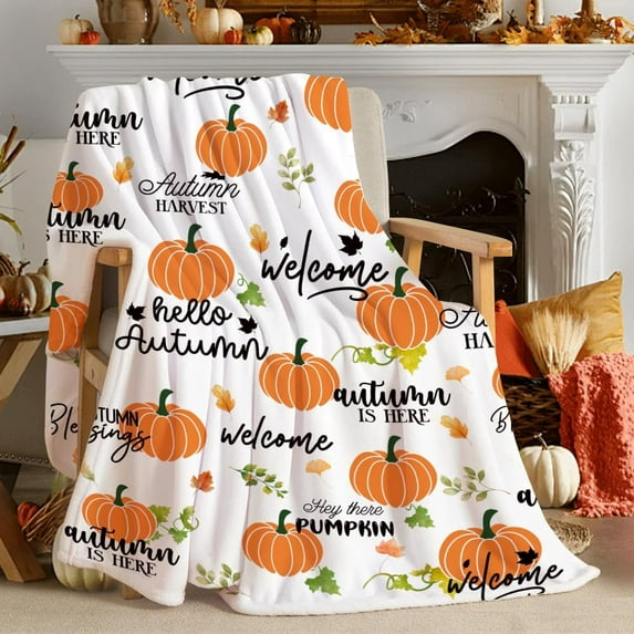 Fall Throw Blanket Autumn Harvest Pumpkin Blanket Fall Maple Leaf Blanket Super Soft Flannel Throw Blanket Lightweight Fluffy Plush Bed Blanket for Autumn Thanksgiving Decorations 50"X60"