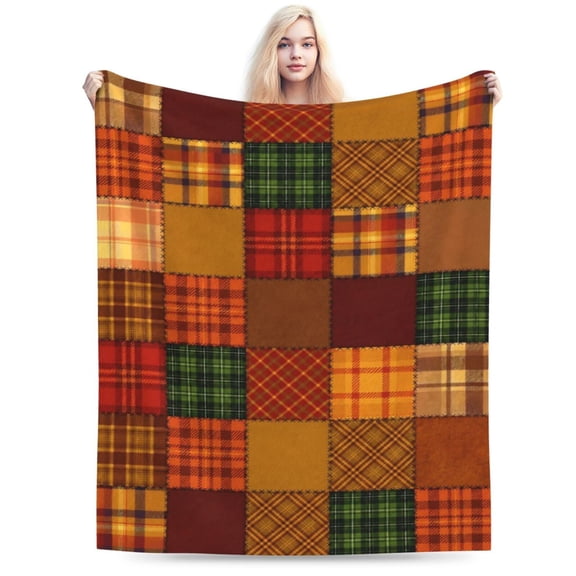Fall Throw Blanket, Autumn Orange Plaid Fall Farmhouse Thanksgiving Cozy Bed Couch Blanket, Soft Comfy Fleece Flannel Throws Blankets 50x40