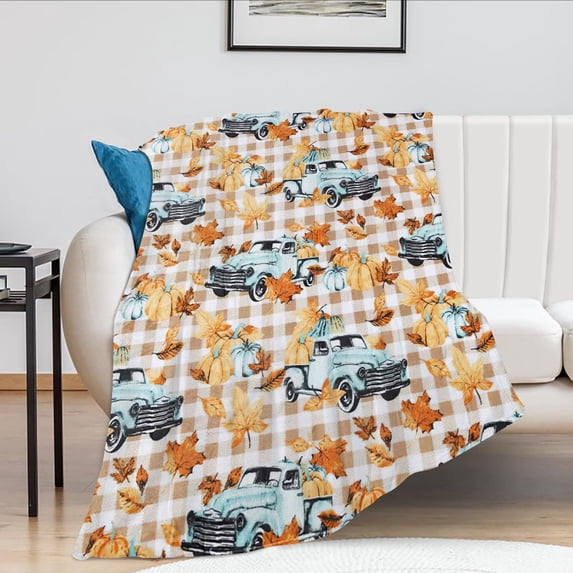 Fall Throw Blanket Fall Blanket Autumn Pumpkin Leaves Farmhouse Truck Flannel Fleece Throw Blanket for Couch Super Warm Cozy Plush Lightweight Seasonal Bedding Blanket for Kids Adults 40"x50"