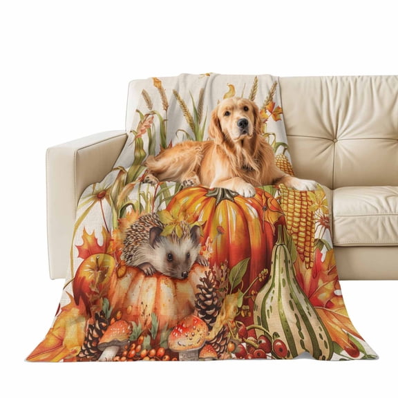 Fall Throw Blanket for Couch HedgehogPumpkin Soft Fleece Flannel Blankets Cozy Lightweight Blanket for Sofa Living Room Thanksgiving Autumn Decor, Corn Maple Leaf Wheat Bed Throws 60" x 80"