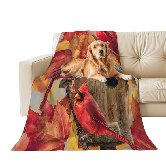 Fall Throw Blanket for Couch Maple Leaves Soft Fleece Flannel Blankets Cozy Lightweight Blanket for Home Sofa Living Room Thanksgiving Autumn Decor, Cardinals Bird Welcome Bed Throws 30" x 40"