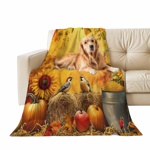 Fall Throw Blanket for Couch Orange Maple Leaves Soft Fleece Flannel Blankets Cozy Lightweight Blanket for Home Sofa Living Room Thanksgiving Autumn Decor, Bird Sunflower Harvest Bed Throws 30" x 40"