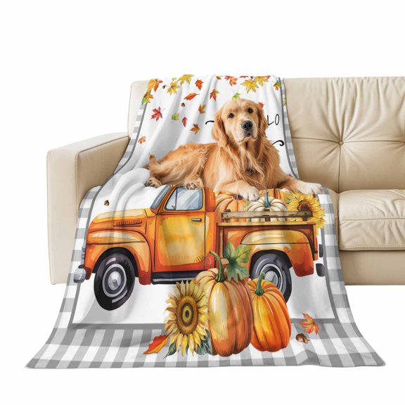 Fall Throw Blanket for Couch Pumpkin Soft Fleece Flannel Blankets Cozy Blanket for Sofa Living Room Thanksgiving Autumn Decor, Maple Leaves Sunflower Berry Gray Plaid Bed Throws 60" x 80"