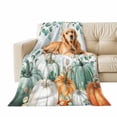 thumbnail image 1 of Fall Throw Blanket for Couch Sage Green Pumpkin Soft Fleece Flannel Blankets Cozy Lightweight Blanket for Sofa Living Room Thanksgiving Autumn Decor, Retro Eucalyptus Leaves Bed Throws 50" x 60", 1 of 8