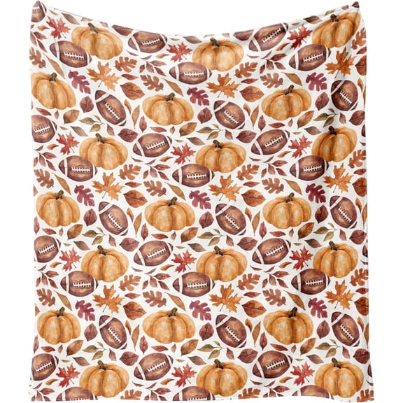 Fall Throw Blanket for Couch Sofa Bed, Cozy Flannel Autumn Maple Leaves and Pumpkin with Football Fall Blankets and Throws Football Gifts for Boys Men