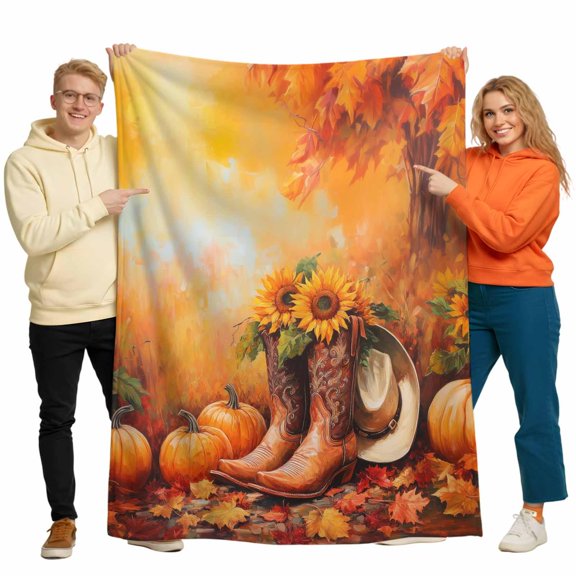 Fall Throw Blanket Cowboy Boot Blankets and Throws, Fall Pumpkin Orange Sunflower Thanksgiving Blanket for Couch Bed Sofa Chair, Soft Cozy Warm Flannel Fleece Blankets for All Season 30x40 Inch