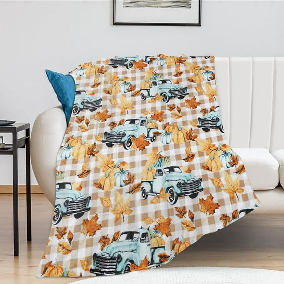 Fall Throw Blanket Fall Decor Blanket Autumn Pumpkin Leaves Farmhouse Truck Flannel Fleece Throw Blanket for Couch Super Warm Cozy Plush Lightweight Seasonal Bedding Blanket for Kids Adults 50"x60"