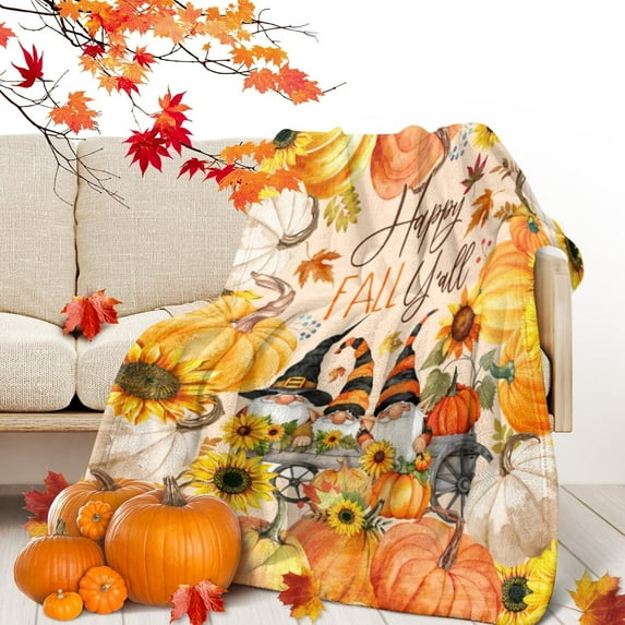 Fall Throw Blanket Fall Gnome Pumpkin Blanket Autumn Orange Fleece Blanket Thanksgiving Decor Gift Flannel Blankets for Couch Sofa Bedroom Chair Bed Dorm 80"x60"