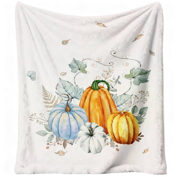 Fall Throw Blanket, Flannel Watercolor Pumpkins Leaves Autumn Blanket