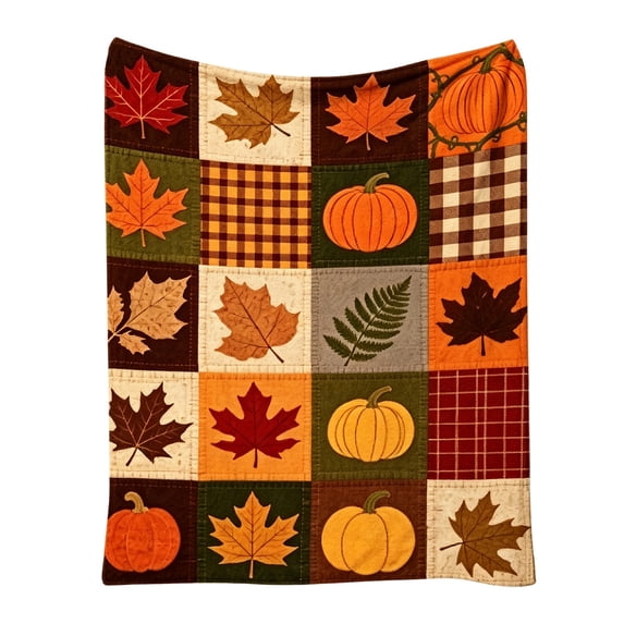 Fall Throw Blanket, Patchwork Autumn Leaves Pumpkin Buffalo Plaid Squares Print Soft Flannel Fleece Blanket, Warm Cozy Fall Blanket for Couch Bed Sofa, Thanksgiving Gift