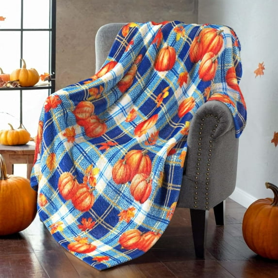 Fall Throw Blanket Pumpkin Leaves Plaid Flannel Blanket for Couch Bed Sofa, Soft Warm Autumn Blanket Fall Decor Cozy Home Atmosphere, 80"x60"
