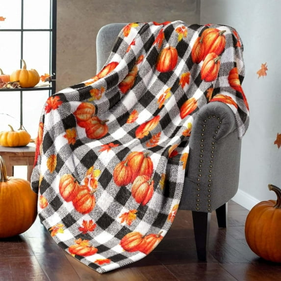 Fall Throw Blanket Pumpkin Leaves Plaid Flannel Blanket for Couch Bed Sofa, Soft Warm Autumn Blanket Fall Decor Cozy Home Atmosphere, 80"x60"