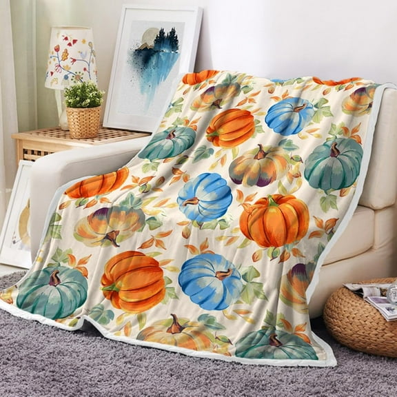 Fall Throw Blanket, Pumpkin Spice Pumpkins Throw Blanket Fall Pumpkins Throw Blanket, Autumn Pumpkins Leaves and Berries Soft Warm Fleece Blanket for Living Room Couch Bed Chair Dorm, 50"x60",Orange