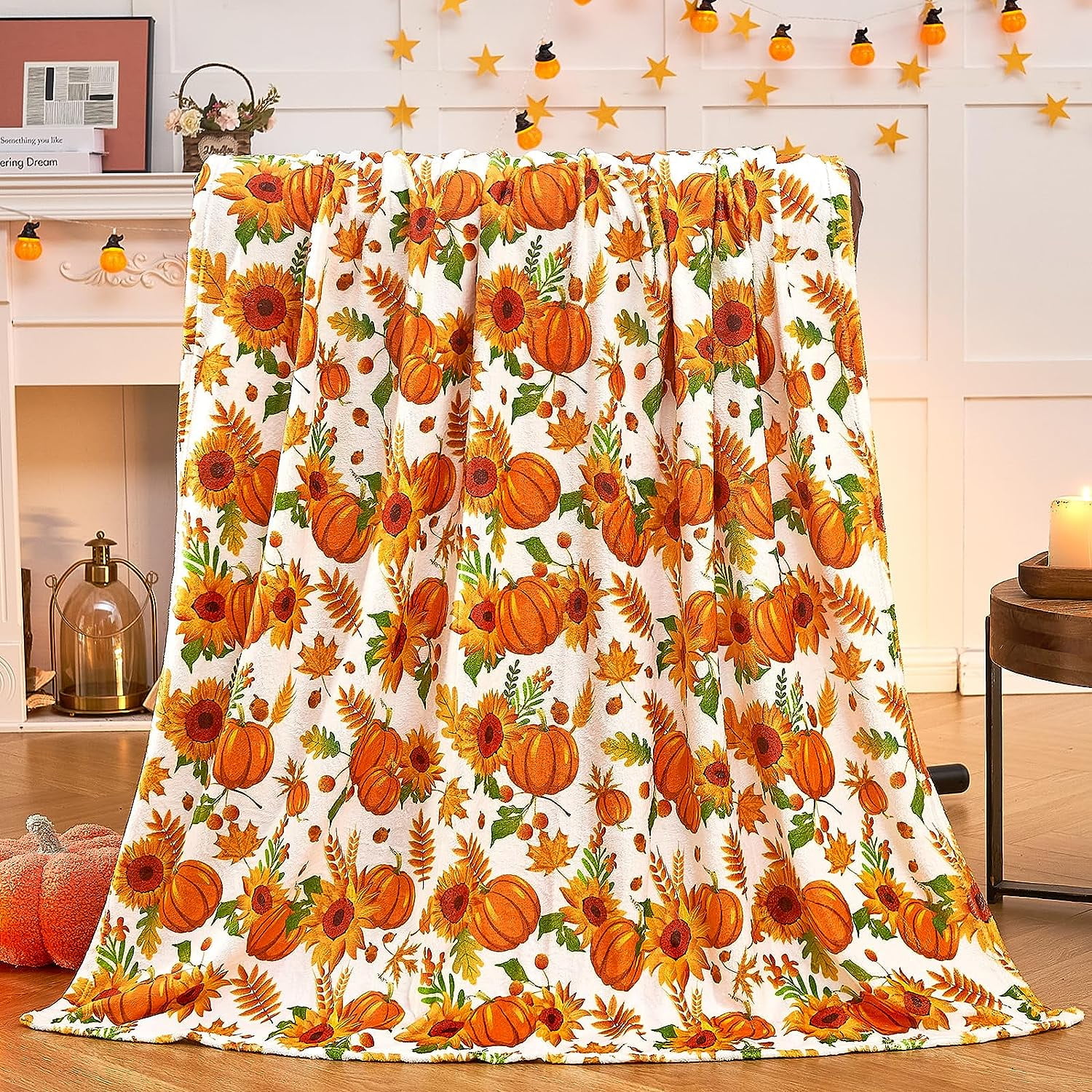 Fall Throw Blanket, Pumpkin Sunflower Fall Throw Blanket for Couch Bed