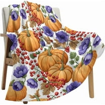 Fall Throw Blanket Pumpkin Thanksgiving Fleece Blanket for Couch Sofa Purple Flowers Berry Soft Warm Bed Blankets Lightweight Cozy Blankets and Throws Autumn Decorations 40" x 60"
