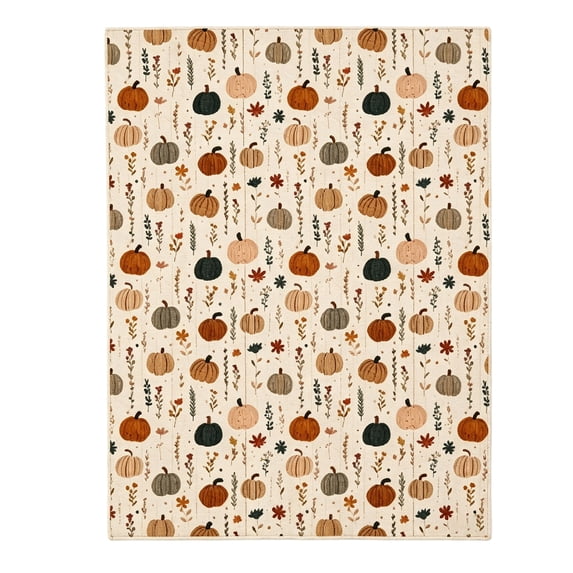 Fall Throw Blanket, Pumpkin Wildflowers Autumn Leaves Print on Cream Soft Flannel Fleece Blanket, Warm Cozy Autumn Blanket for Couch Bed Sofa, Thanksgiving Decor Gift