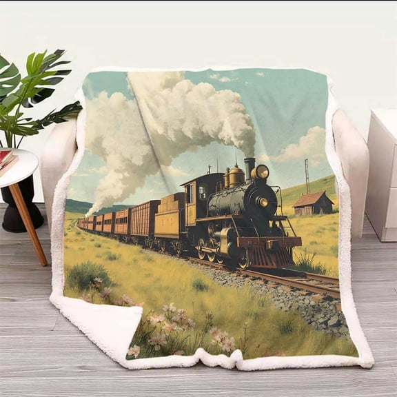 Fall Throw Blanket Steam Engine Vintage Wooden Train Flannel Blanket Soft, Plush, Fluffy, Camping Bed 47in X 59in Throw Size
