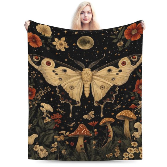 Fall Throw Blanket,Vintage Moth Throw Blanket for Couch Home Decor,Gothic Mushroom Flower Soft Plush Travel Blanket Lightweight,Cozy Throws for Couch,Bed,Naps 50x40