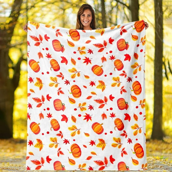 Fall Throw Blanket for Couch 50"x60", Cozy Flannel Fleece Orange Pumpkin Leaf Autumn Blanket Decor Fall Blankets and Throws