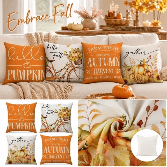 Fall Throw Pillow, Autumn Decorations for Home, Fall Decor for Home, Fall Indoor Decorations, 18X18 Inch Watercolor "Gather" Lettering Pumpkin Foliage Print Pillow Cover, No