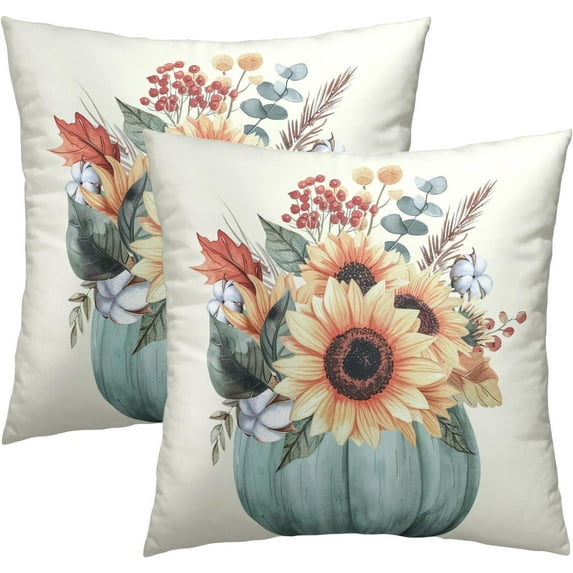 Fall Throw Pillow Covers 16x16 Set of 2, Blue Pumpkin Sunflower Leaves Autumn Season Farmhouse Decorative Pillow Cases for Sofa Bed Couch Harvest Thanksgiving Day Home Decor