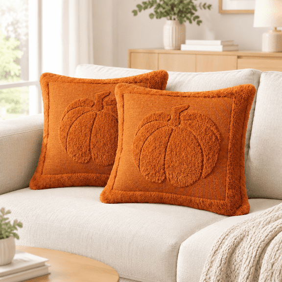 Fall Throw Pillow Covers 18×18 2 Pack Caramel Pumpkin Halloween for Living Room Couch Decor