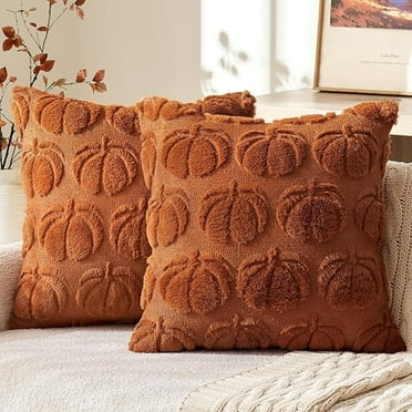 Fall Throw Pillow Covers 18 x 18 Inch Decorative Pumpkin Pattern Pillow Covers Soft Plush Faux Wool Couch Pillow Covers for Home, Set of 2,Dark Rust