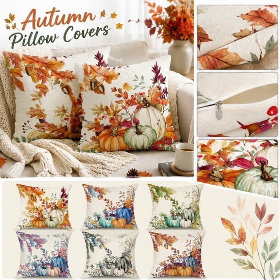 Fall Throw Pillow Covers 18X18 Set of 2, Farmhouse Fall Decor Pastel Autumn Pumpkin Fall Leaves Decor, Thanksgiving Decorations Fall Cushion Covers for Home Party Living Room,