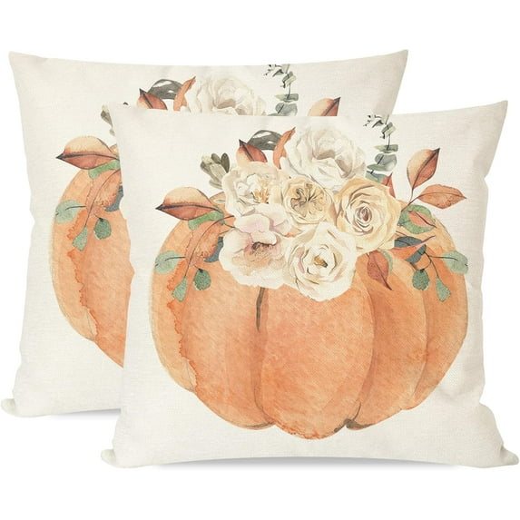 Fall Throw Pillow Covers 18x18 Inch Set of 2 Pastel Orange Pumpkin White Floral Outdoor Autumn Farmhouse Cottage Thanksgiving Decorations Decorative Throw Pillows Cases for Living Room Decor