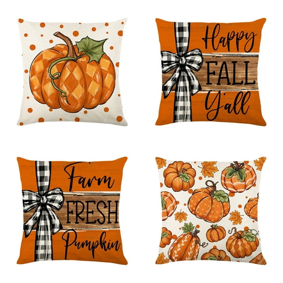 Fall Throw Pillow Covers 18x18 Inch Set of 4, Fall Pumpkin Home Decorative Pillow Cover Happy Fall Y'all Farm Fresh Pumpkin Outdoor Farmhouse Pillow Cases for Sofa Couch Autumn Thanksgiving Harvest