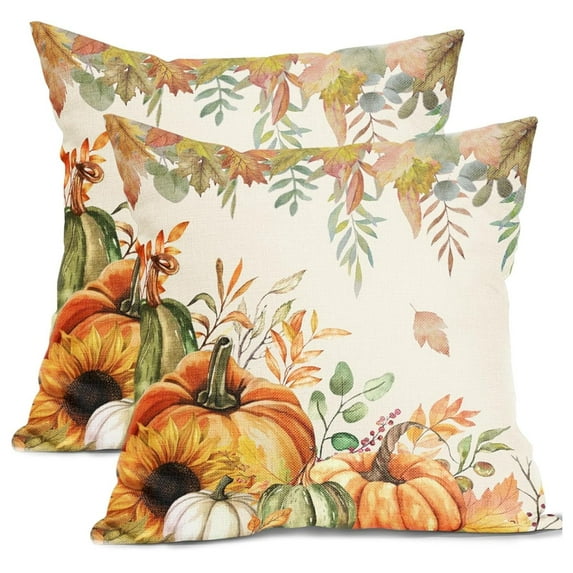 Fall Throw Pillow Covers 18x18 Set of 2 Autumn Pumpkin Maple Leaves Decorative Pillow Covers Thanksgiving Farmhouse Outdoor Pillowcases Cotton Linen Cushion Covers For Couch Bed Sofa Chair Fall Decor