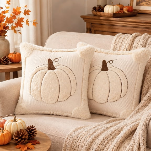 Fall Pumpkin Pillow Covers, Beige Plush, 18 x 18 in, Set of 2