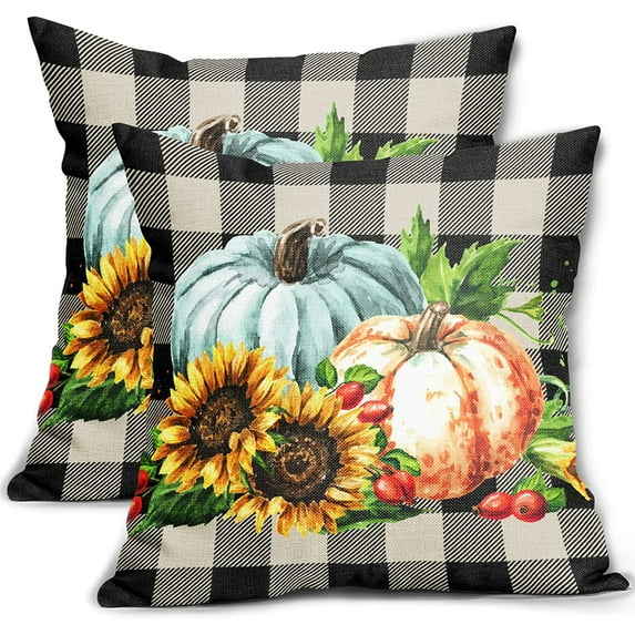 Fall Throw Pillow Covers 18x18 Set of 2 Watercolor Orange Teal Punpkin Sunflower Plaid Outdoor Pillows Autumn Thanksgiving Decorative Pillowcase Linen Square Cushion Case Decor for Couch Sofa Bed