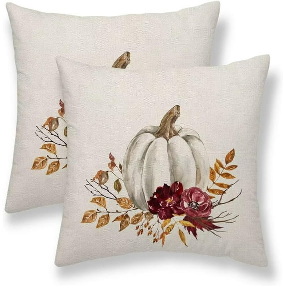 Fall Throw Pillow Covers 18x18 Set of 2, White Pumpkin and Maple Leaf Flower Pillow Covers Farmhouse Autumn Thanksgiving Cushion Cases Linen Decorative for Couch Sofa Indoor Outdoor