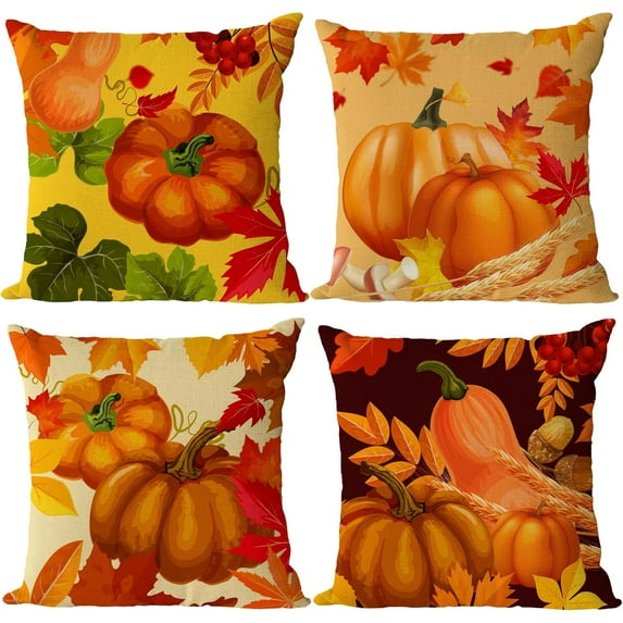 Fall Throw Pillow Covers 18x18 Set of 4 Thanksgiving Pumpkin Pillow Covers Autumn Leaves Pillow Cases Halloween Outdoor Sofa Couch HomeDecorations Cushion Covers 18 Inch